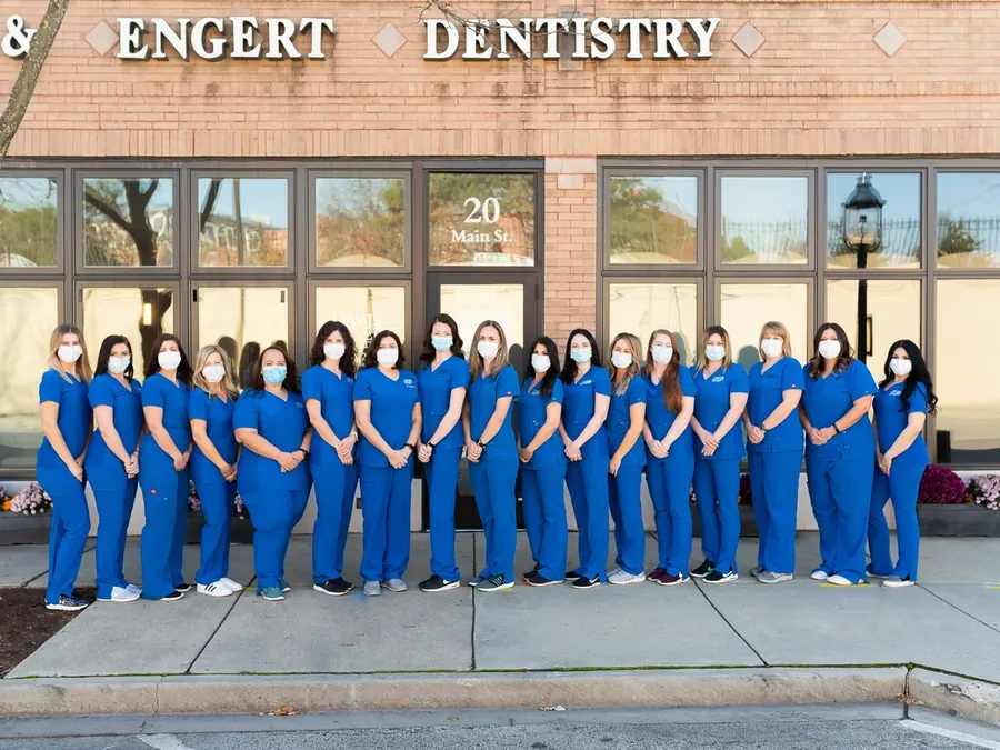 The Davis & Engert Dentistry team outside the office at 20 Main Street, Park Ridge.